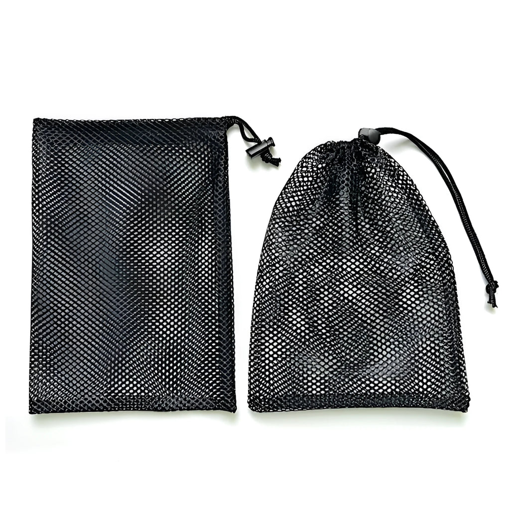 Black mesh drawstring storage bag for water toys in three different sizes.