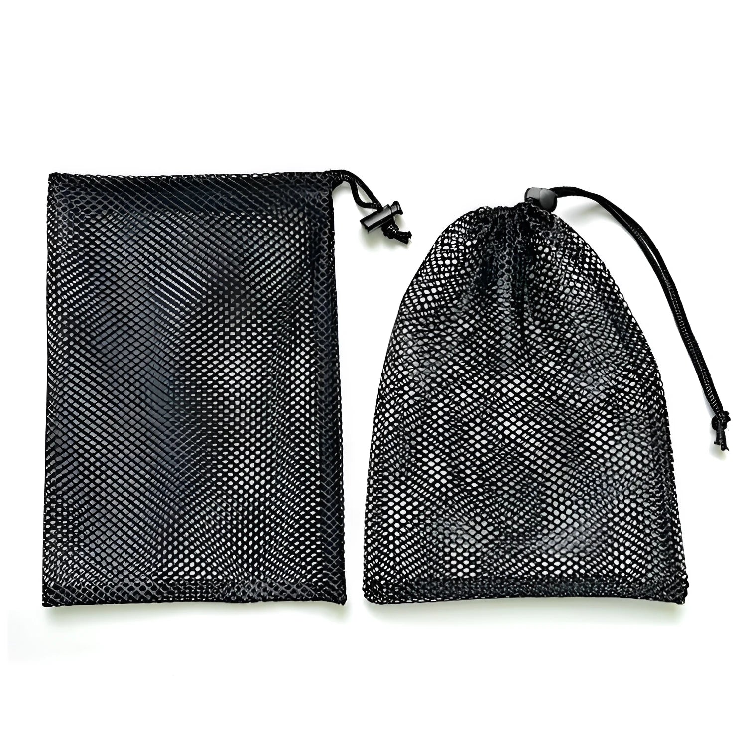 Black mesh drawstring storage bag for water toys in three different sizes.