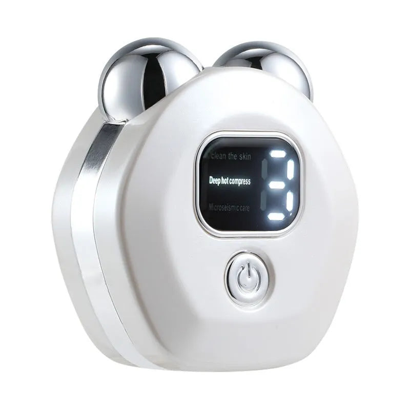 Portable hot compress micro current massage instrument in white, light blue, or pink colours with double-roller design