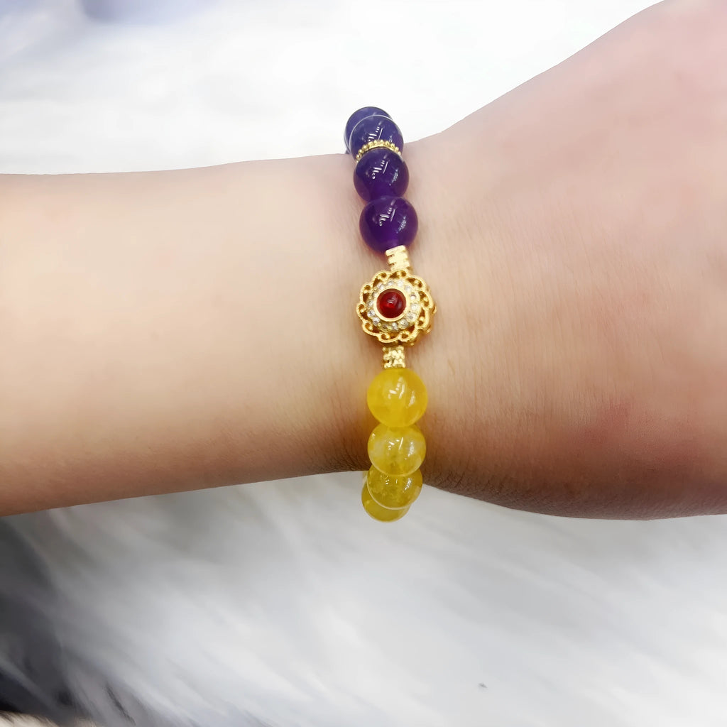 Handmade women's crystal bracelet in yellow and purple colours