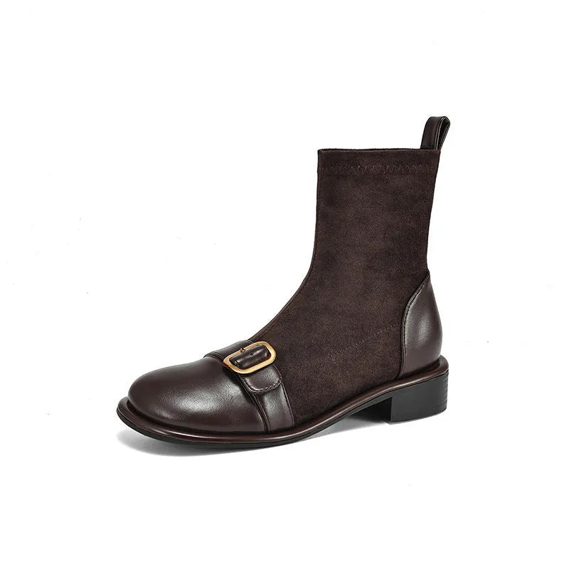 Women's black low heel ankle boots with lace-up front and decorative belt buckle stitching