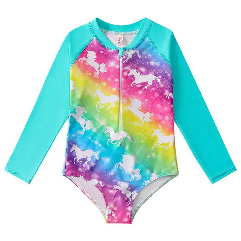 Girl's long-sleeve one-piece swimming suit in polyester briefs style