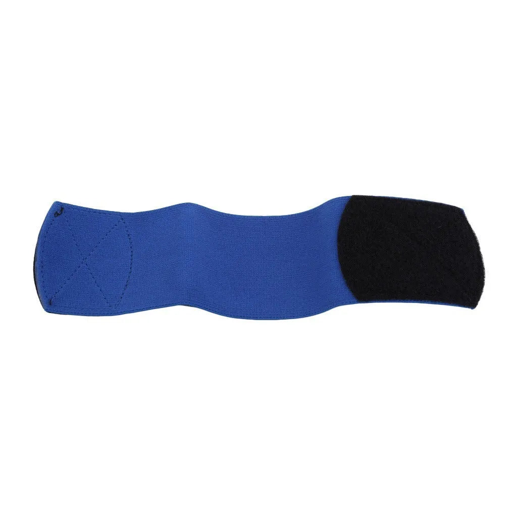Rubber shin guard tape belt in red, shown securing a football shin pad, dimensions 25cm by 6.5cm.