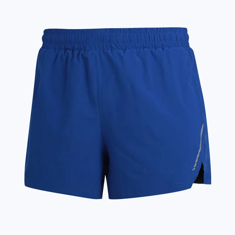 Men's grey quick-dry polyester running shorts on a size chart.