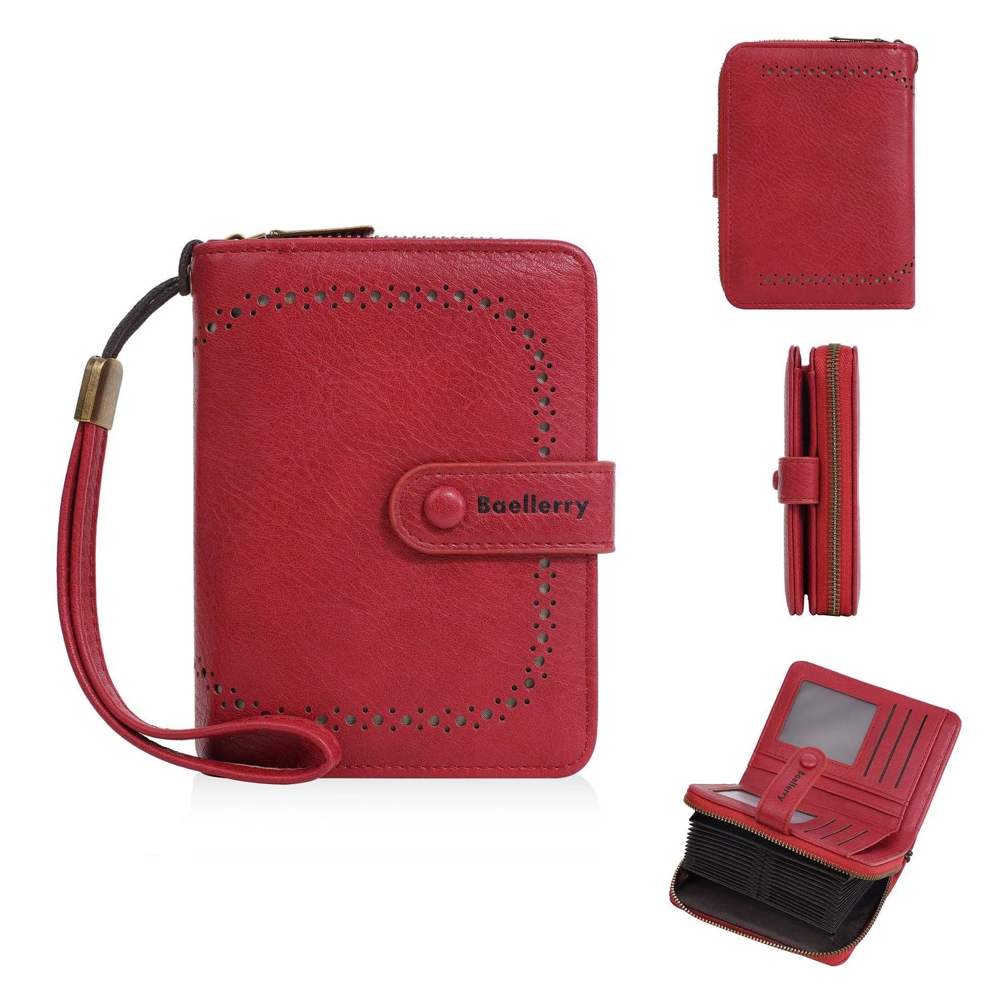 Women's black PU leather zipper coin purse wallet with integrated card slots.