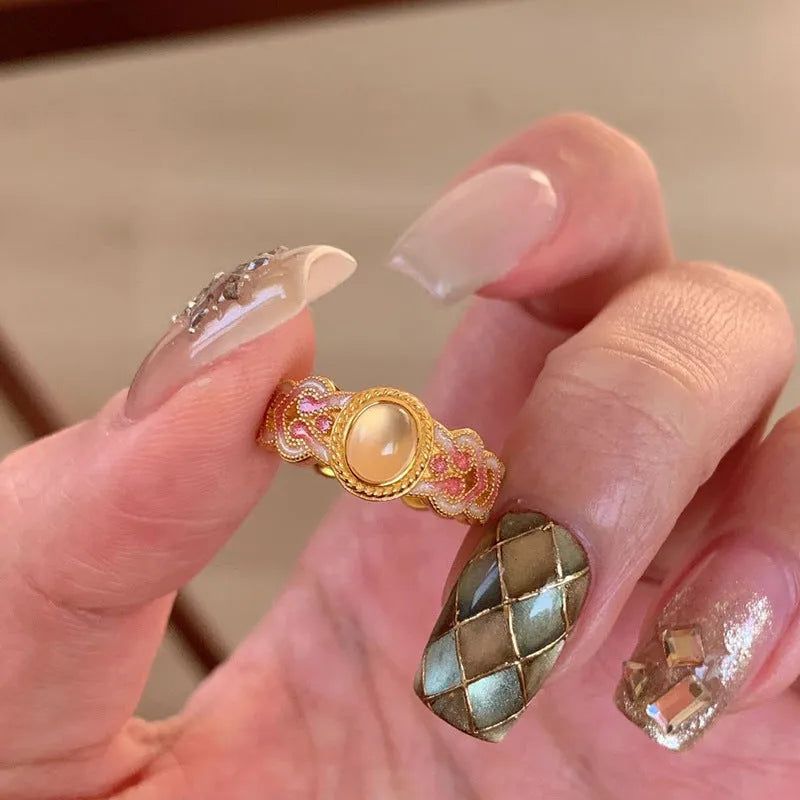 Pink crystal enamel geometric open mouth ring on gold-plated copper band