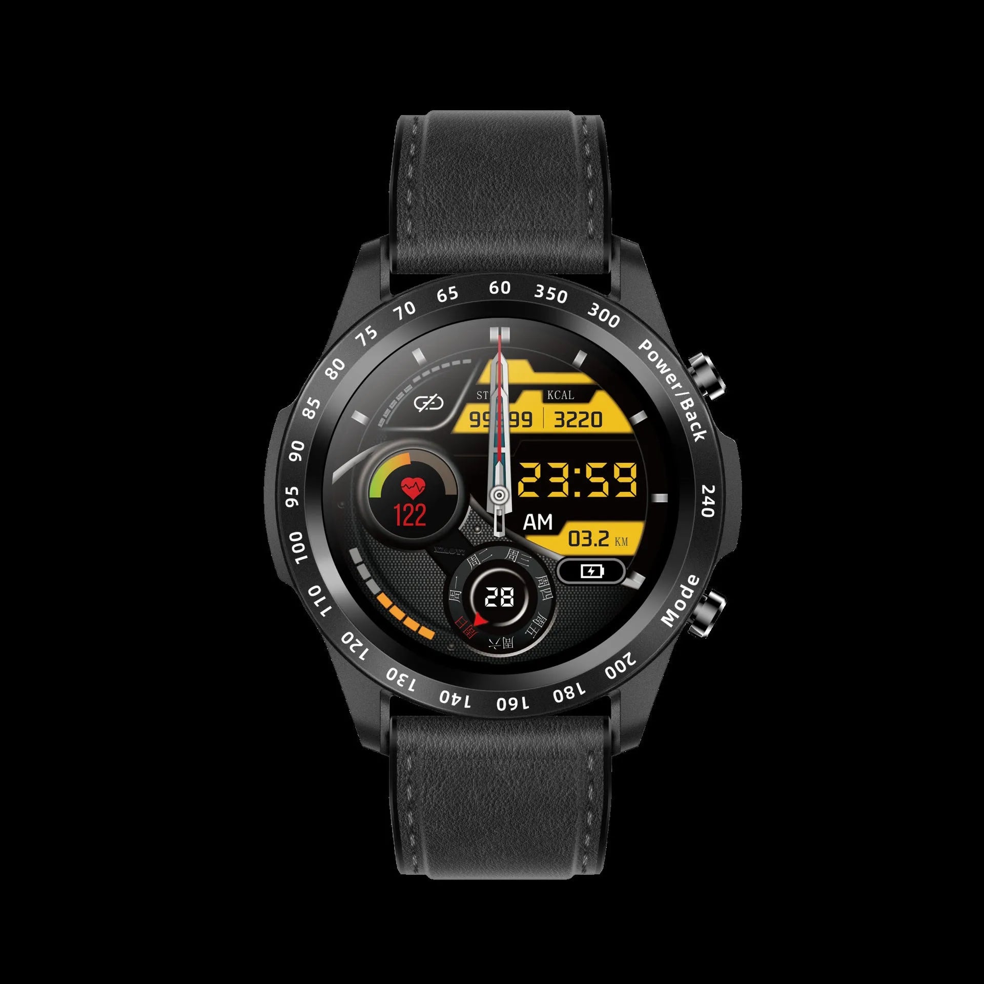 Zinc alloy Bluetooth smart watch with heart rate monitor on a leather strap showing its 1.3 inch touchscreen.