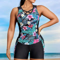 Plus size women's high waist floral print bikini swimsuit in navy blue colour