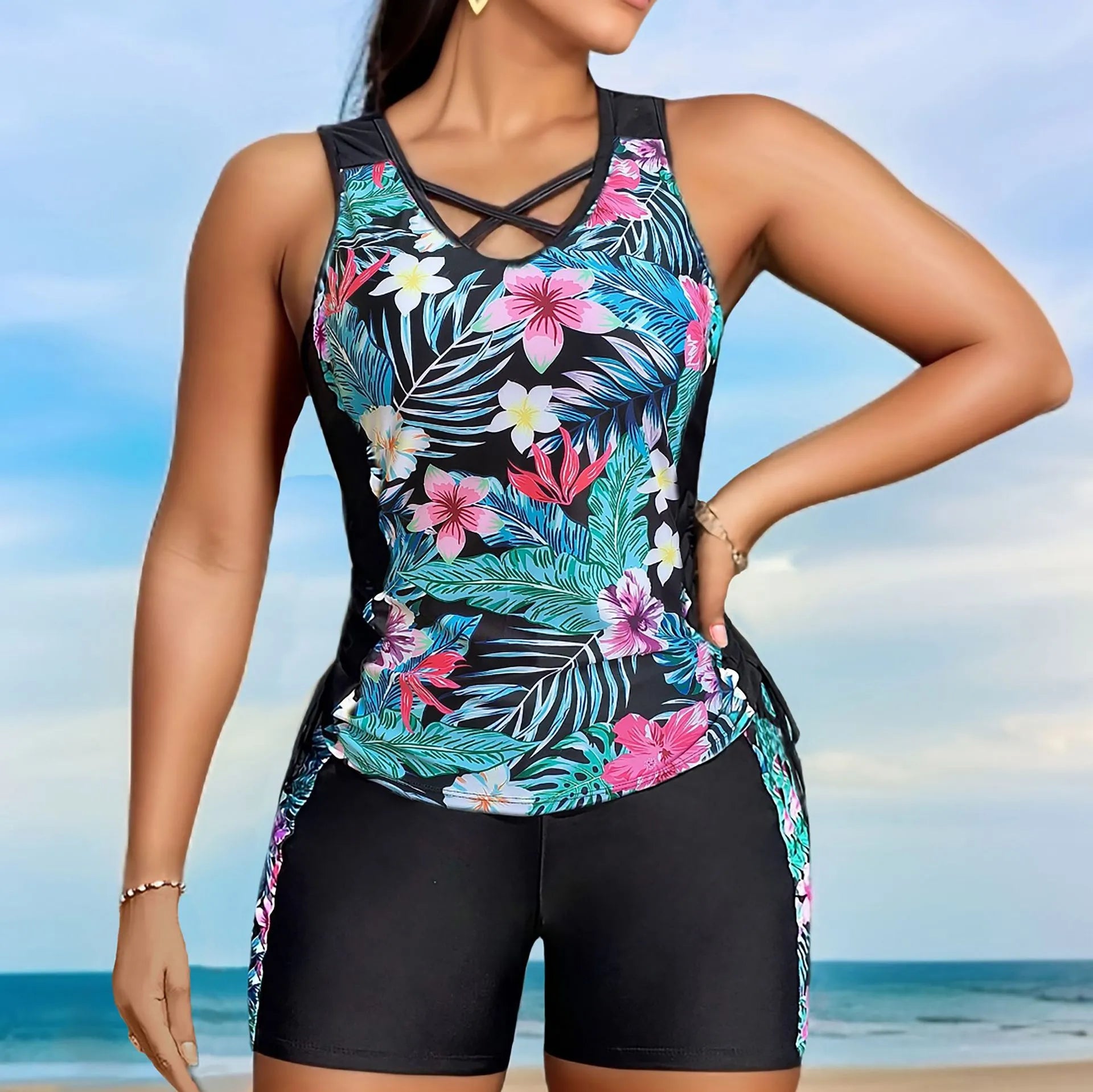 Plus size women's high waist floral print bikini swimsuit in navy blue colour
