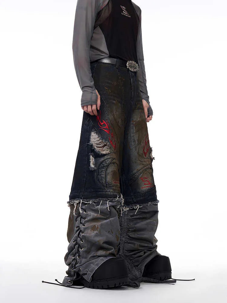 Men's wide-leg jeans with detachable trouser legs showing convertible design