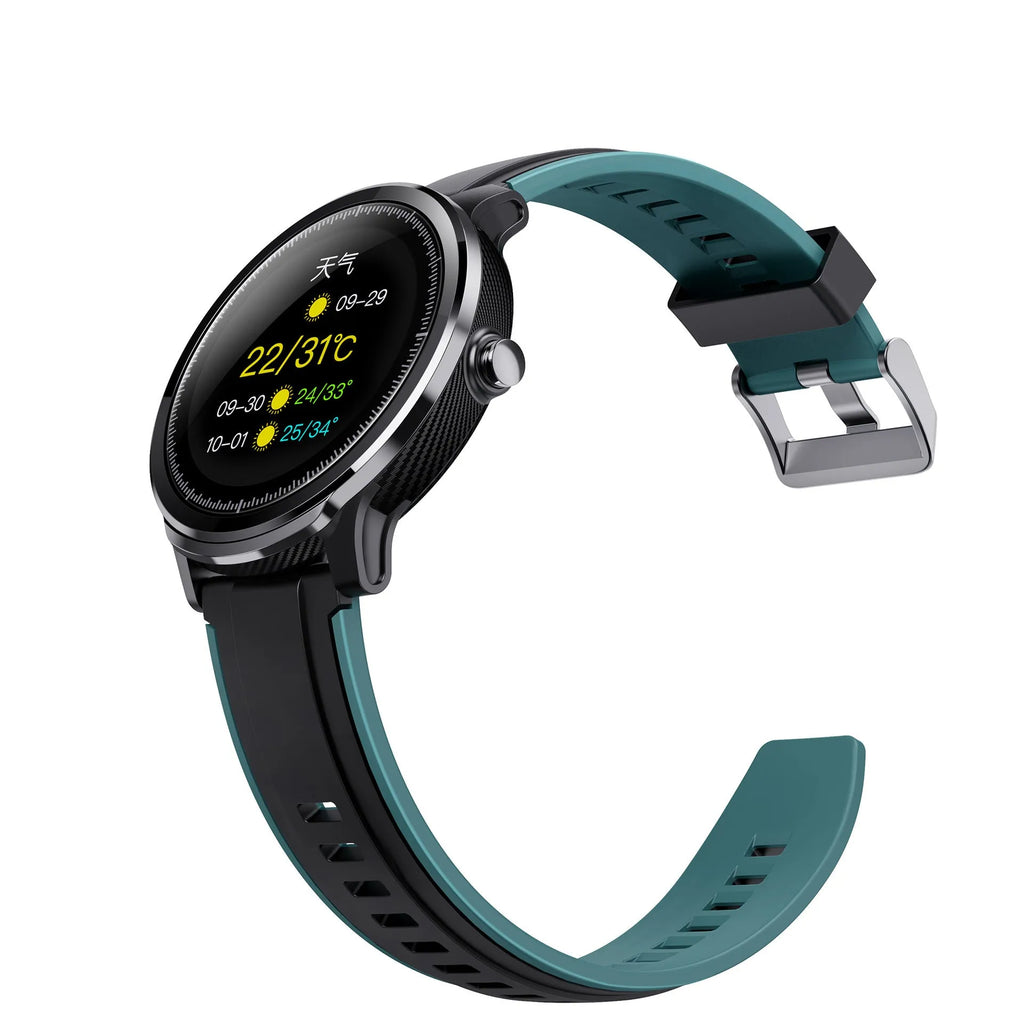 Kospet PROBE square smart watch with 1.3-inch touch screen on a green silicone wristband