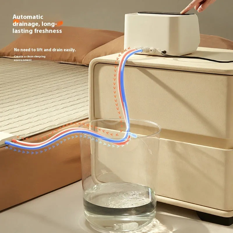 White electric water blanket with smart controller showing 1.4×2m and 1.8×2m size options