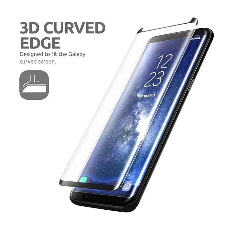 3DAllglue tempered glass screen protector for Samsung Galaxy phones with anti-fingerprint coating.