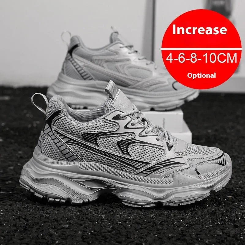 Men's casual breathable height increasing shoes with mesh upper and 10cm invisible lift, in white colour option