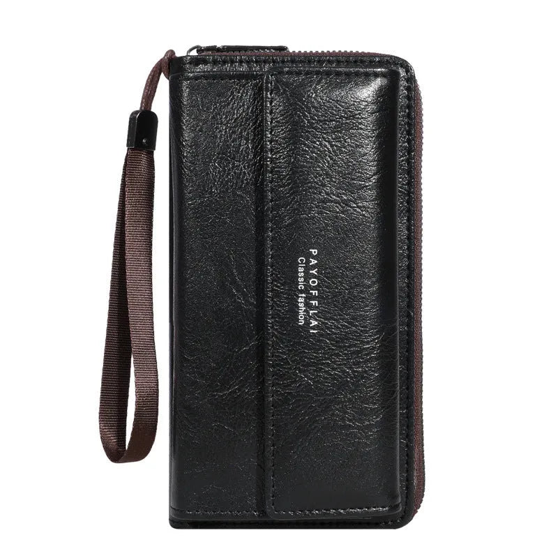 Men's long black PU leather-look wallet open to show multiple card slots.
