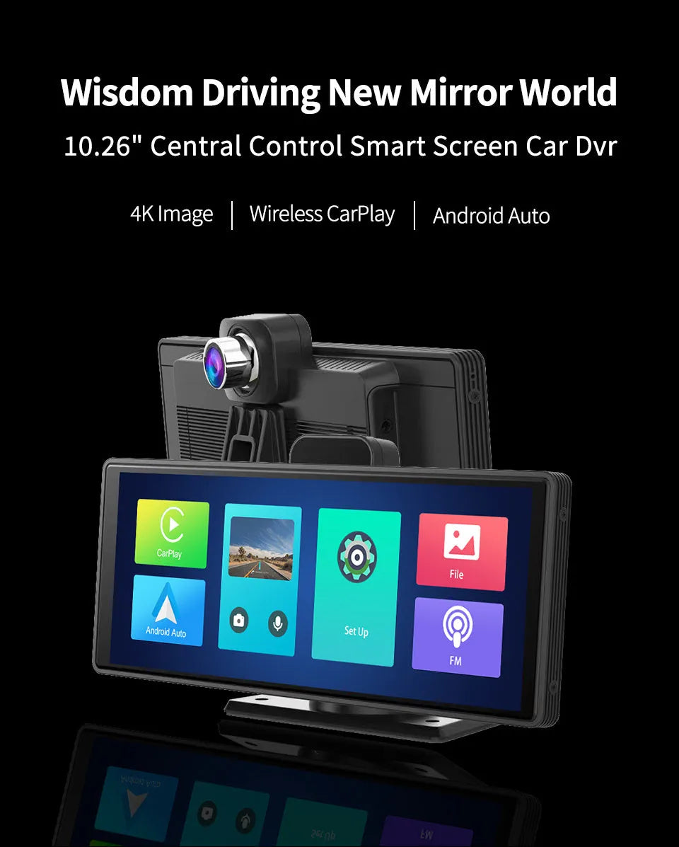12-inch touch screen car DVR dash cam with front and rear cameras on a black unit