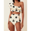 Women's printed oblique shoulder ruffles high waist bikini suit in polyester fabric