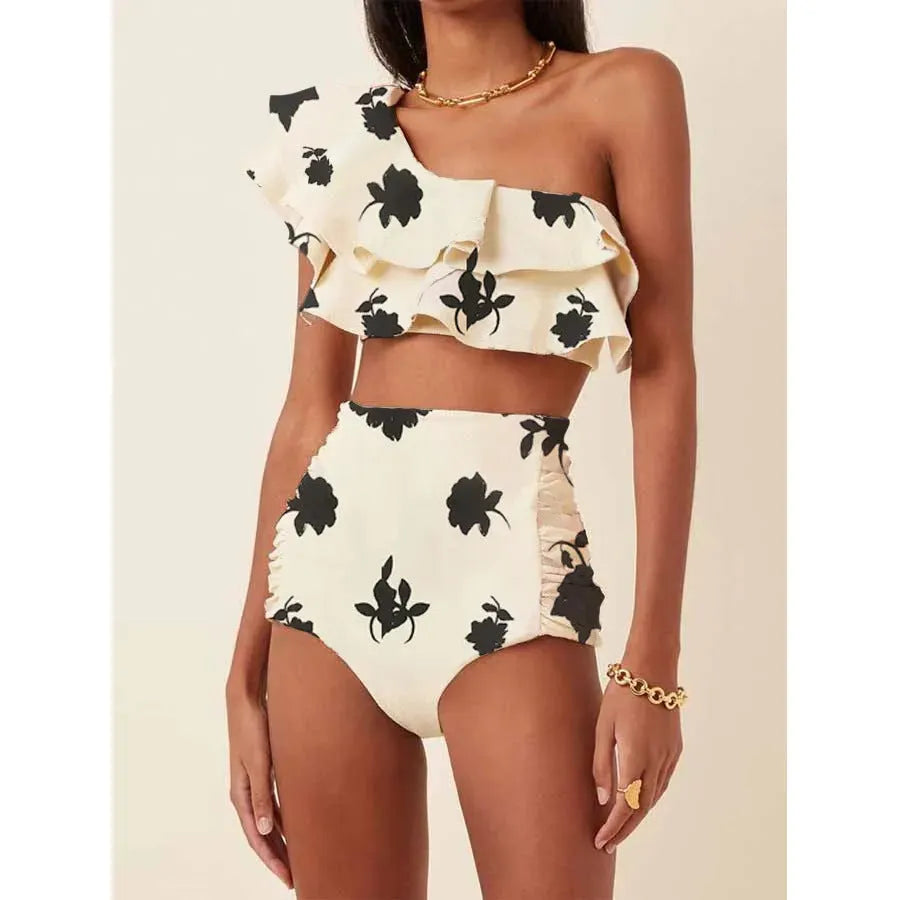 Women's printed oblique shoulder ruffles high waist bikini suit in polyester fabric