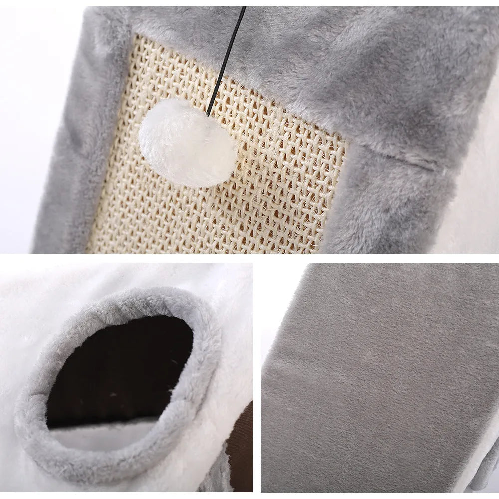 Triangular cat scratching toy and pet bed with sisal surfaces and plate fur covering in grey white colour
