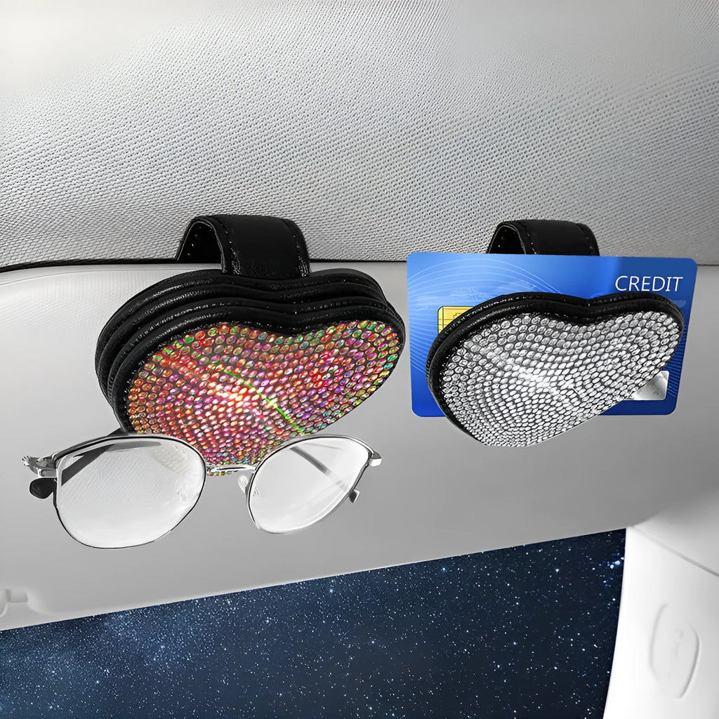 Colourful diamond-encrusted PU leather car sun visor clip with magnetic document holder and glasses clip