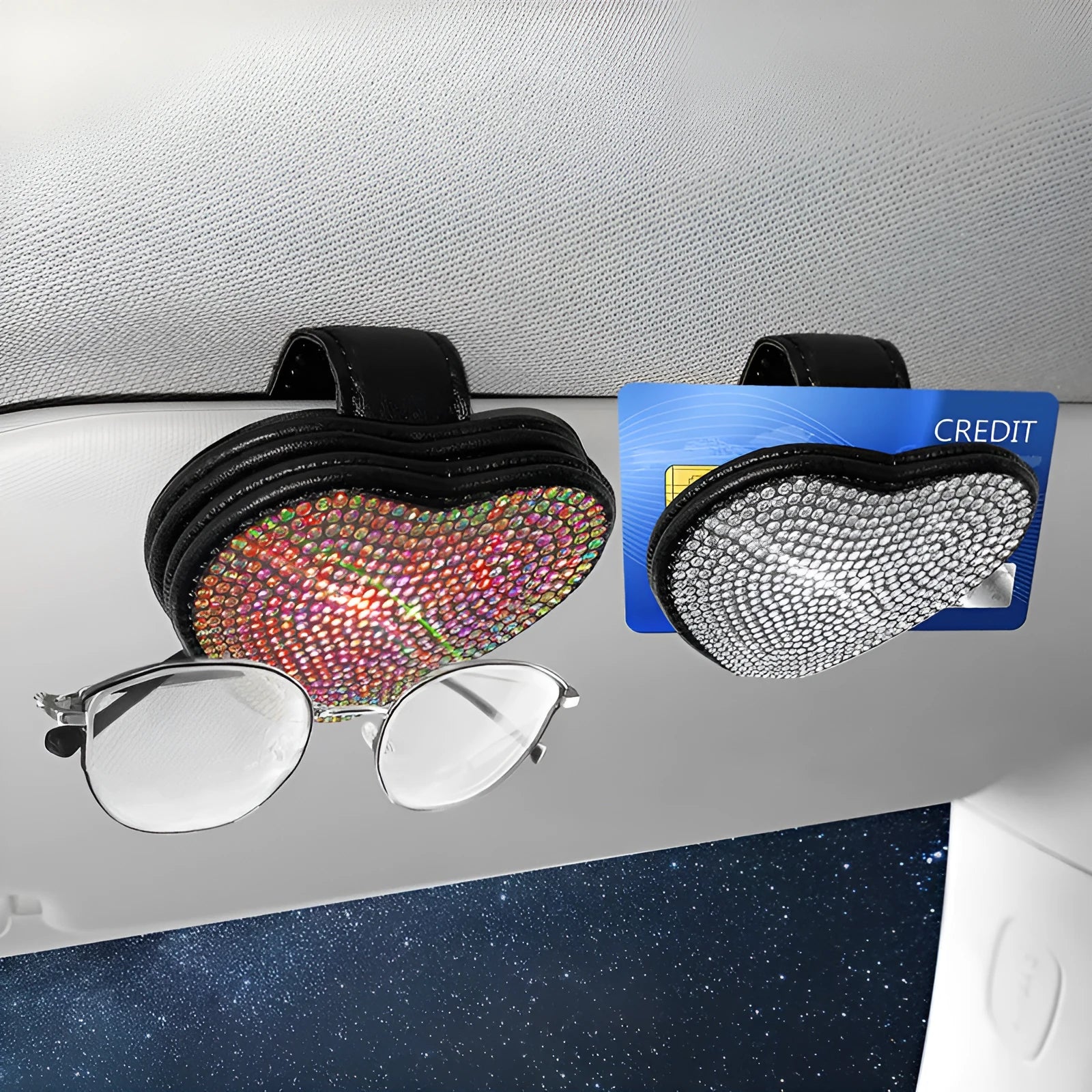 Colourful diamond-encrusted PU leather car sun visor clip with magnetic document holder and glasses clip