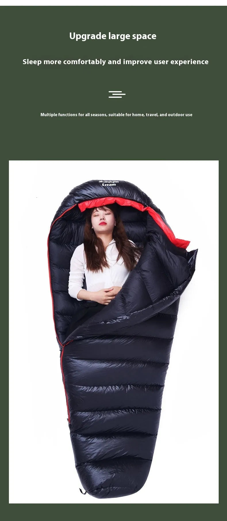 Ultralight mummy-style sleeping bag with down fill, shown in army green colour.