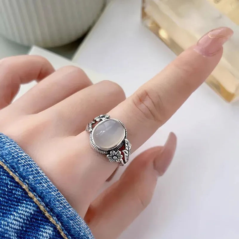 Adjustable vintage copper ring with imitation white chalcedony and U-shaped band design