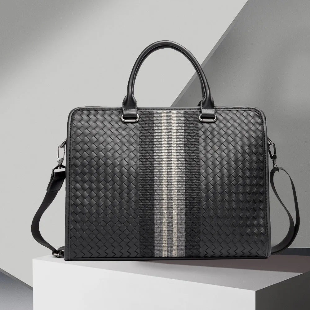 Men's stitching woven business casual briefcase in black PU leather with shoulder strap, solid colour design