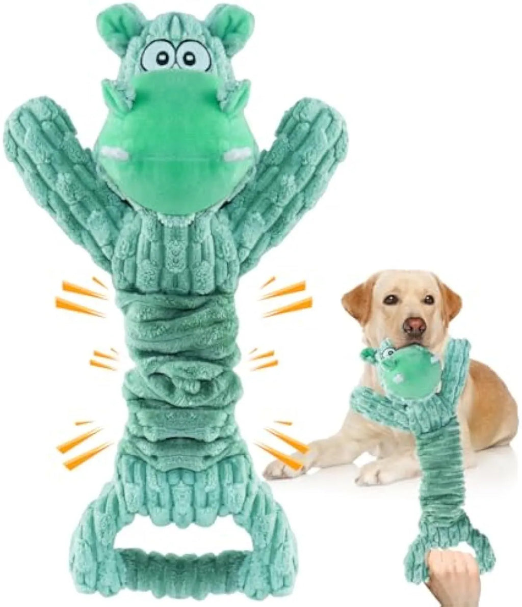 Large plush squeaky dog toy in Hippo or Monkey style with a handle for tug of war.