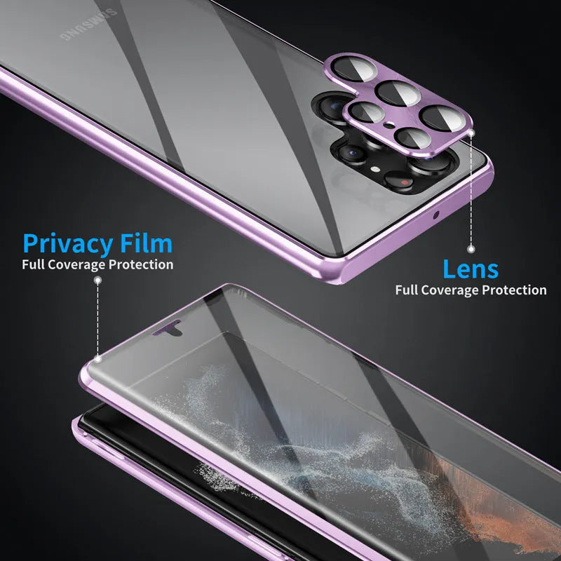 Black magnetic phone case with a peep-proof mirror for Samsung Galaxy models on a magnetic mount.