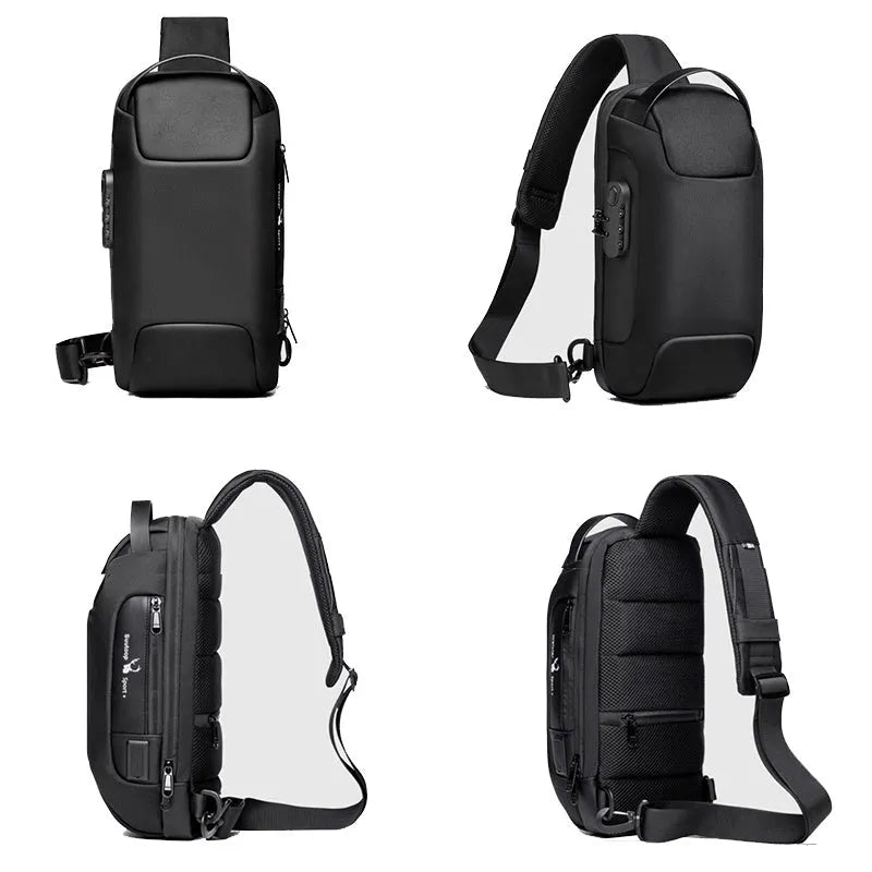 Men's anti-theft chest bag in Oxford cloth with combination lock and USB charging port, medium size, black colour