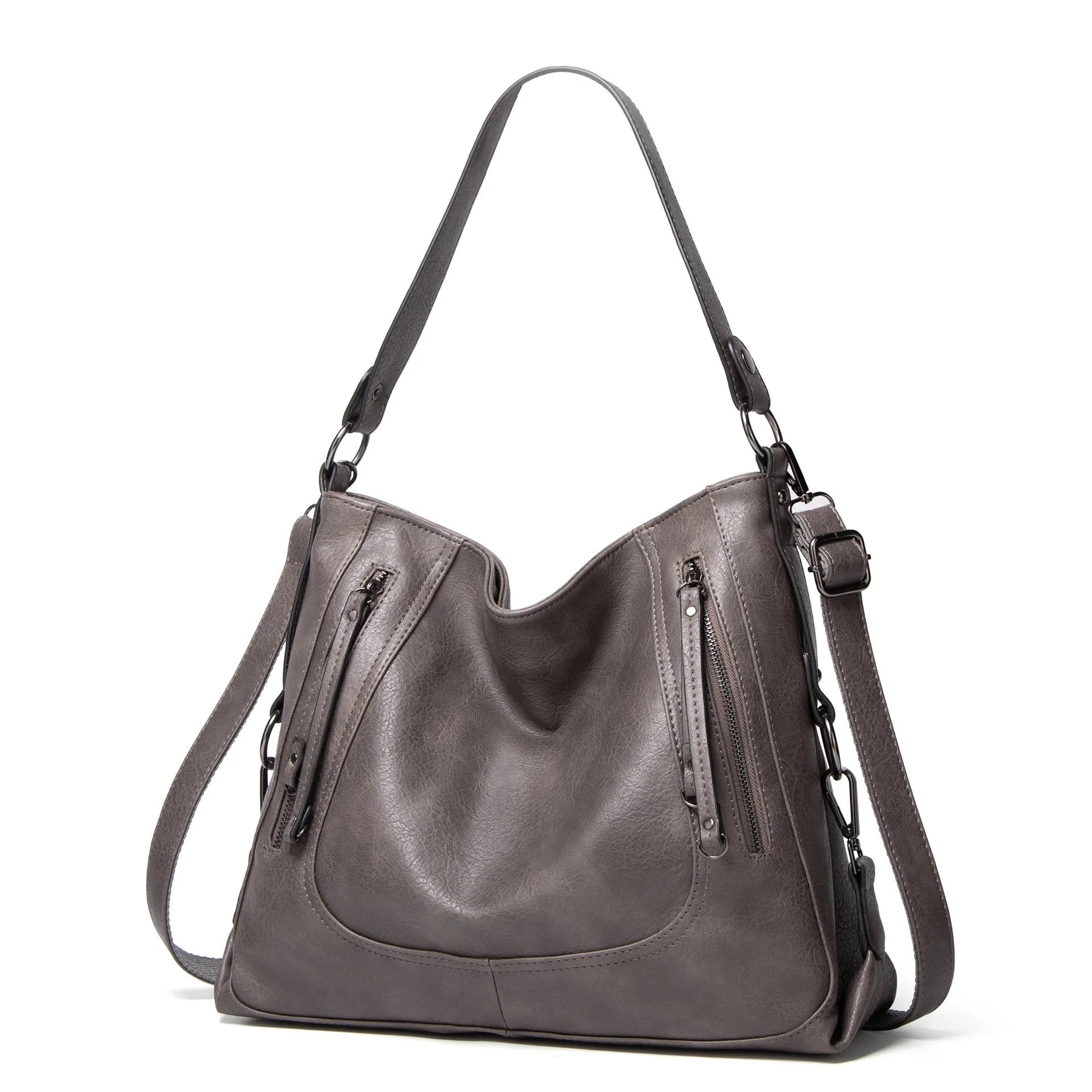 Fashion large capacity PU tote bag in beige with sewing line detail, sandwich pocket, and single shoulder strap.