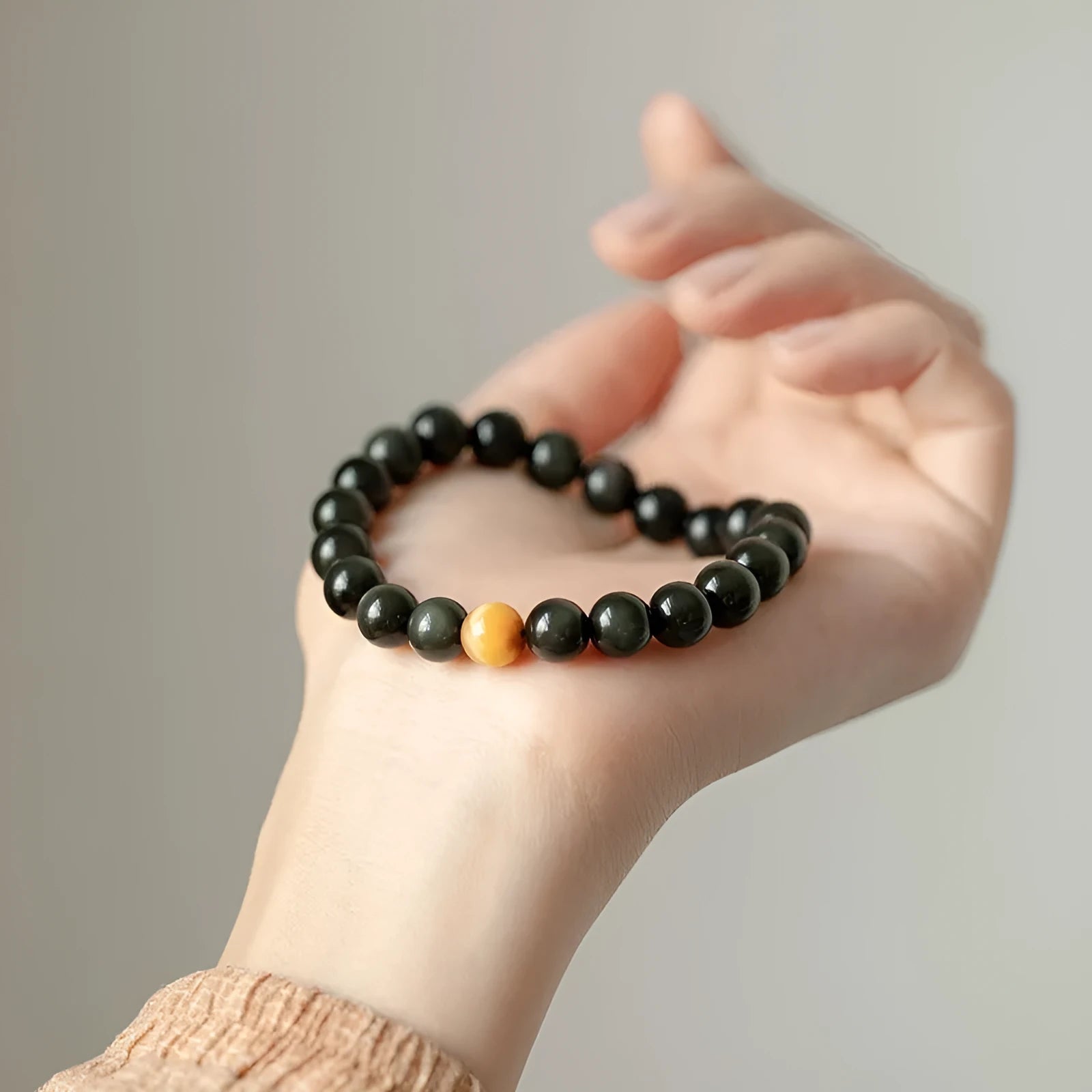 Black polished obsidian geometric bracelet with 10mm beads, Korean unisex style.