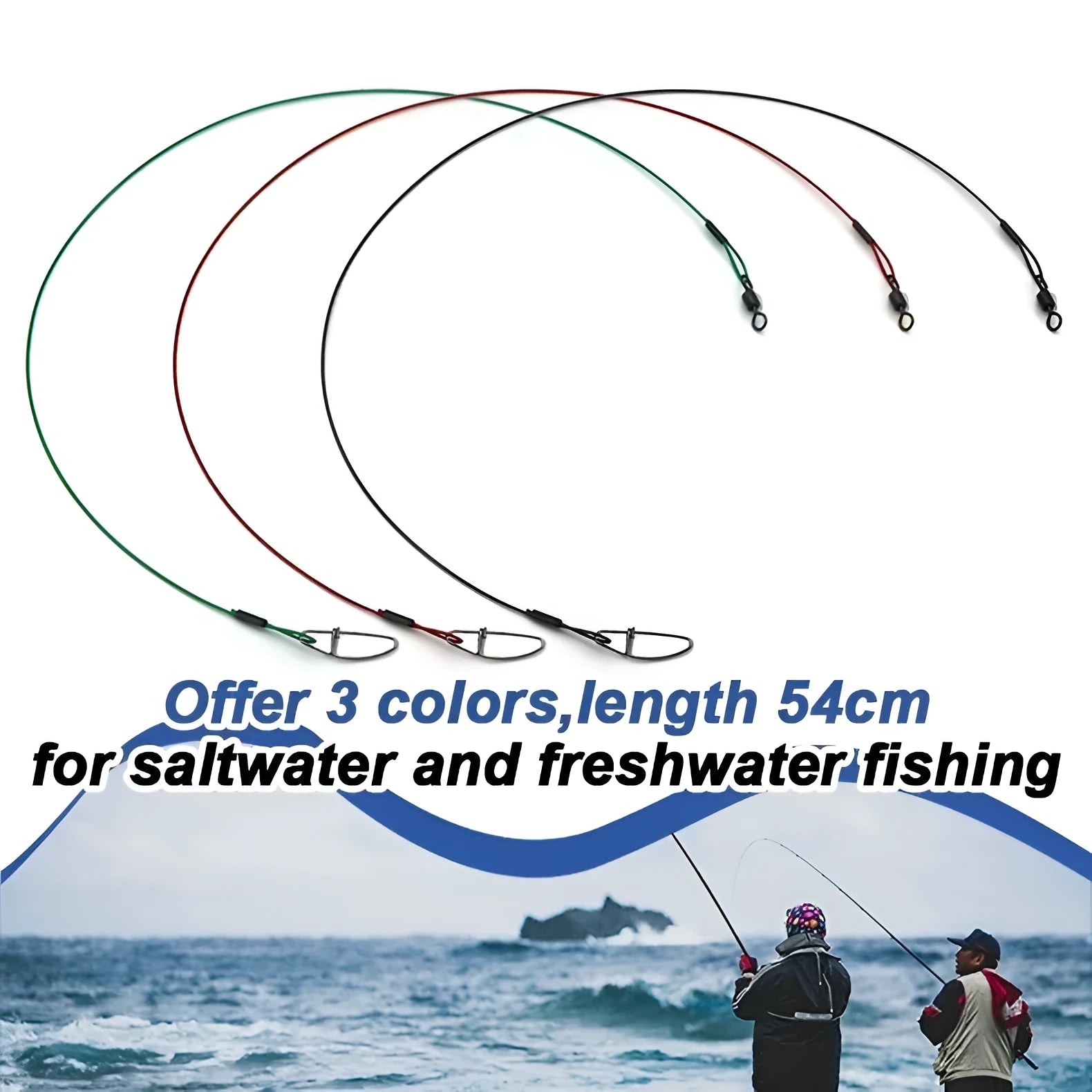Ten 54cm steel wire fishing accessories with double buckle pins in three colour options