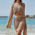 Khaki women's bell sleeve sun protection suit with hollow-out design and loose fit