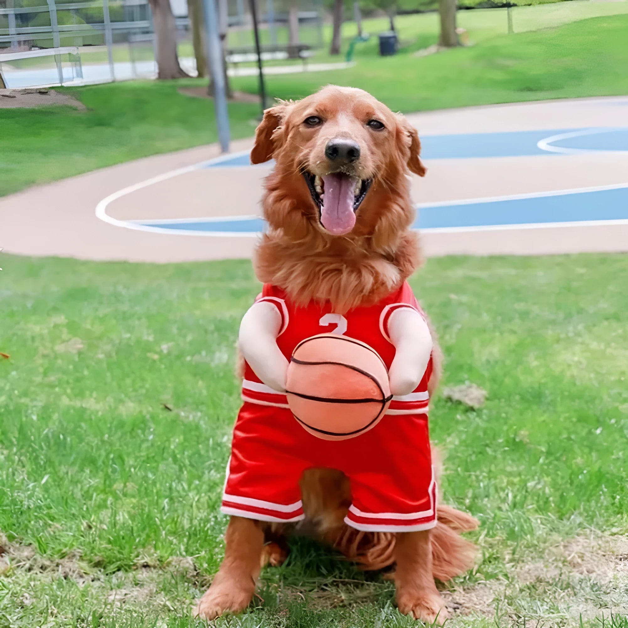 Red or yellow basketball jersey costume for a dog, shown with a matching basketball accessory.