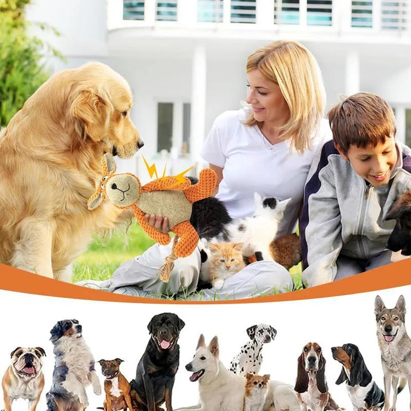 Plush dog chew toys in animal shapes with squeaker for teeth cleaning and interactive play