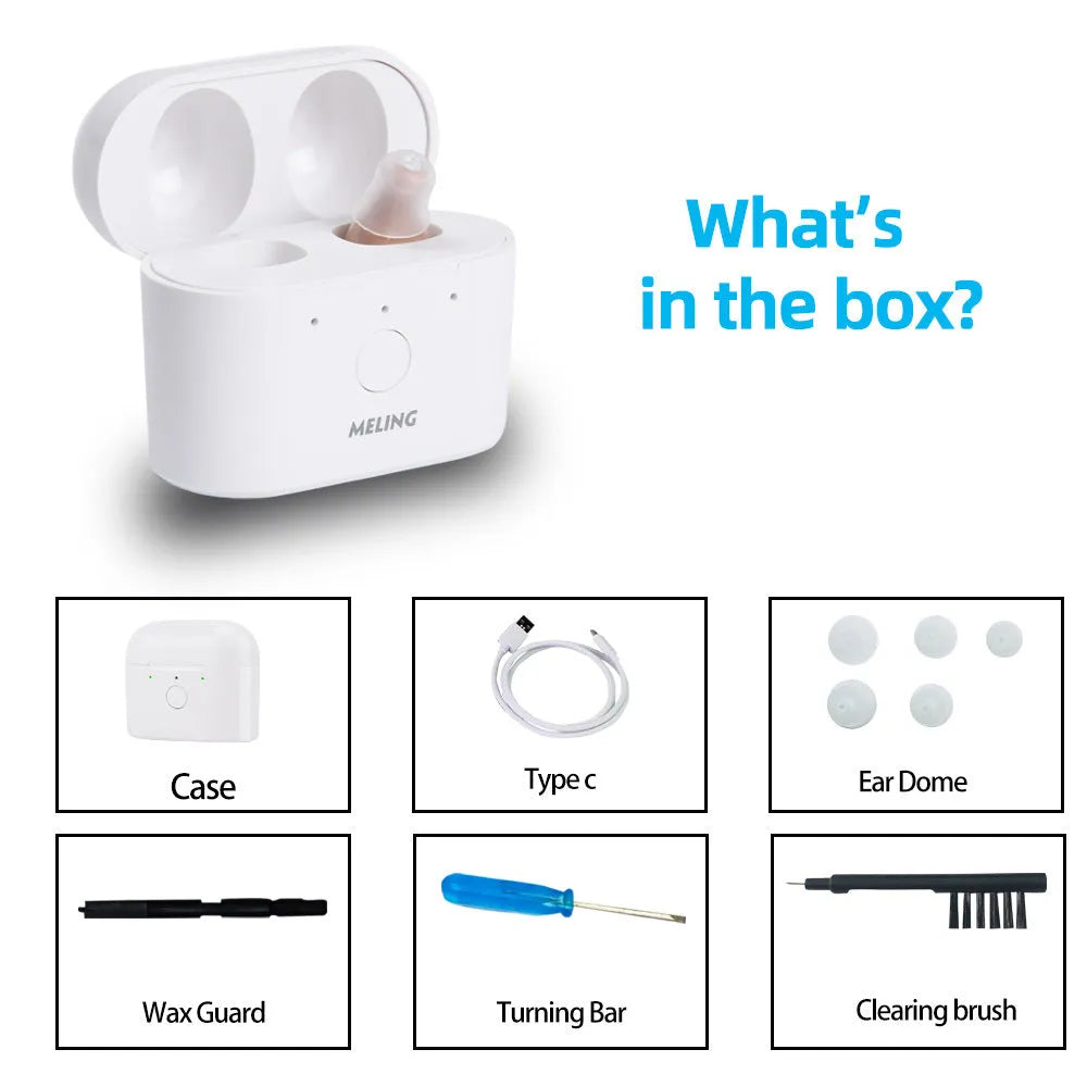 Beige and red-blue rechargeable behind-the-ear hearing aid with magnetic charging case.