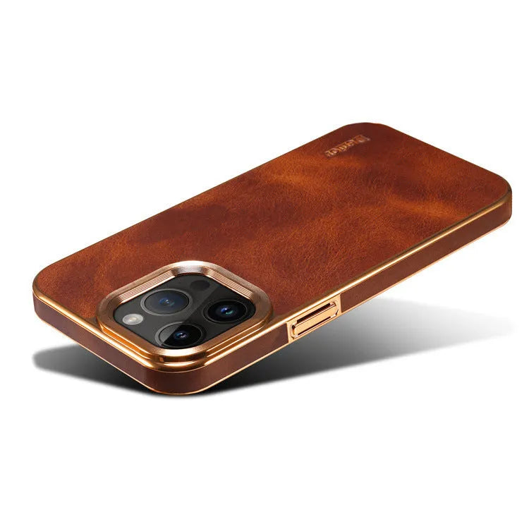 Handmade vintage leather iPhone case in black showing slim profile and precise cutouts.