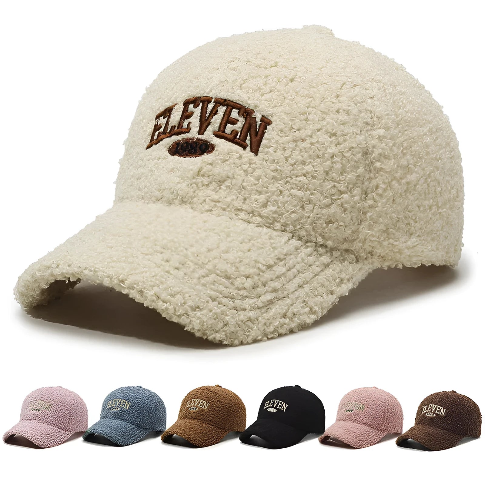 Adjustable winter baseball cap in thickened polyester lambskin fabric shown in multiple colour options