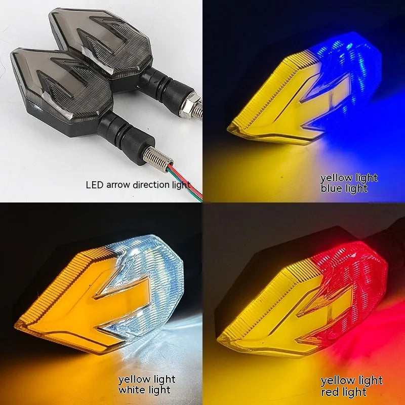 Arrow-shaped LED motorcycle direction indicator light with 12V yellow and coloured accent options.