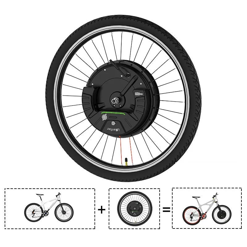 Bicycle electric conversion kit showing hub motor and lithium battery for 26-inch wheels