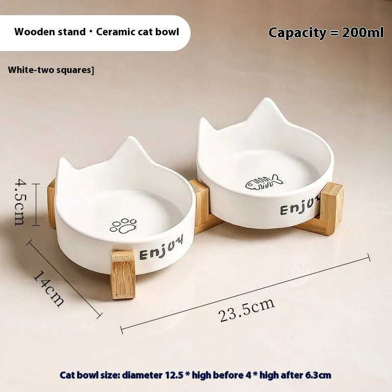 Porcelain cat bowls with wooden frame in cat ear paw design