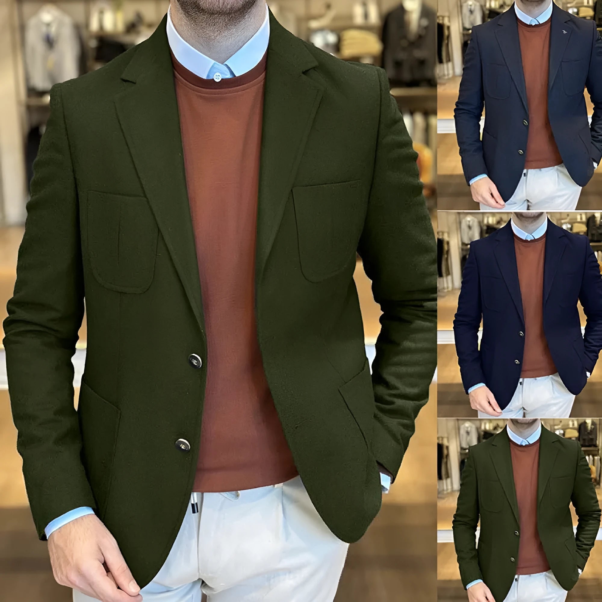 Men's casual cotton suit jacket in a loose retro fit, shown in army green colour.