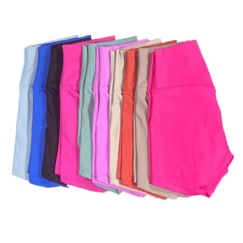 High-waisted yoga shorts for women in nylon fabric, shown in one of 15 available colours.