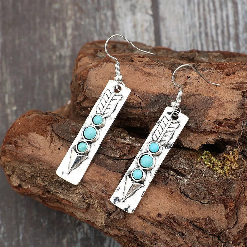 Silver geometric earrings with turquoise inlay on long strip zinc alloy design for women