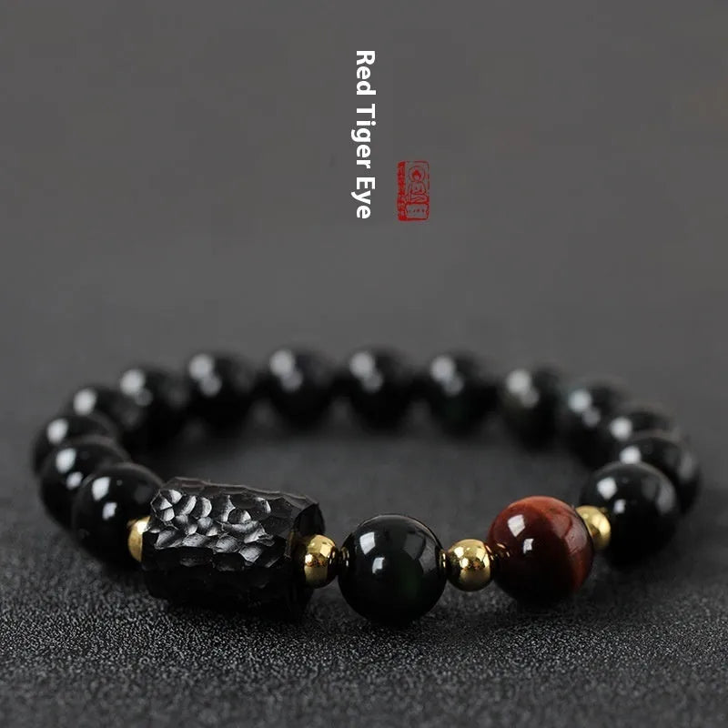 Handmade obsidian bracelet with 10mm tiger eye agate beads in unisex design