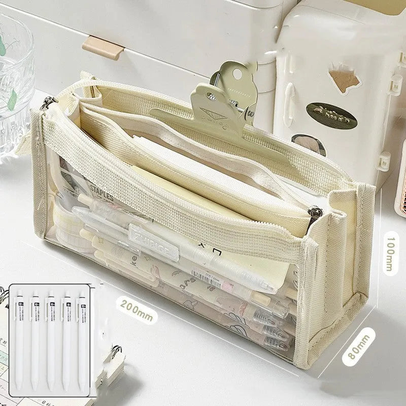 Transparent non-woven fabric school pen bag showing it can hold many coloured pens