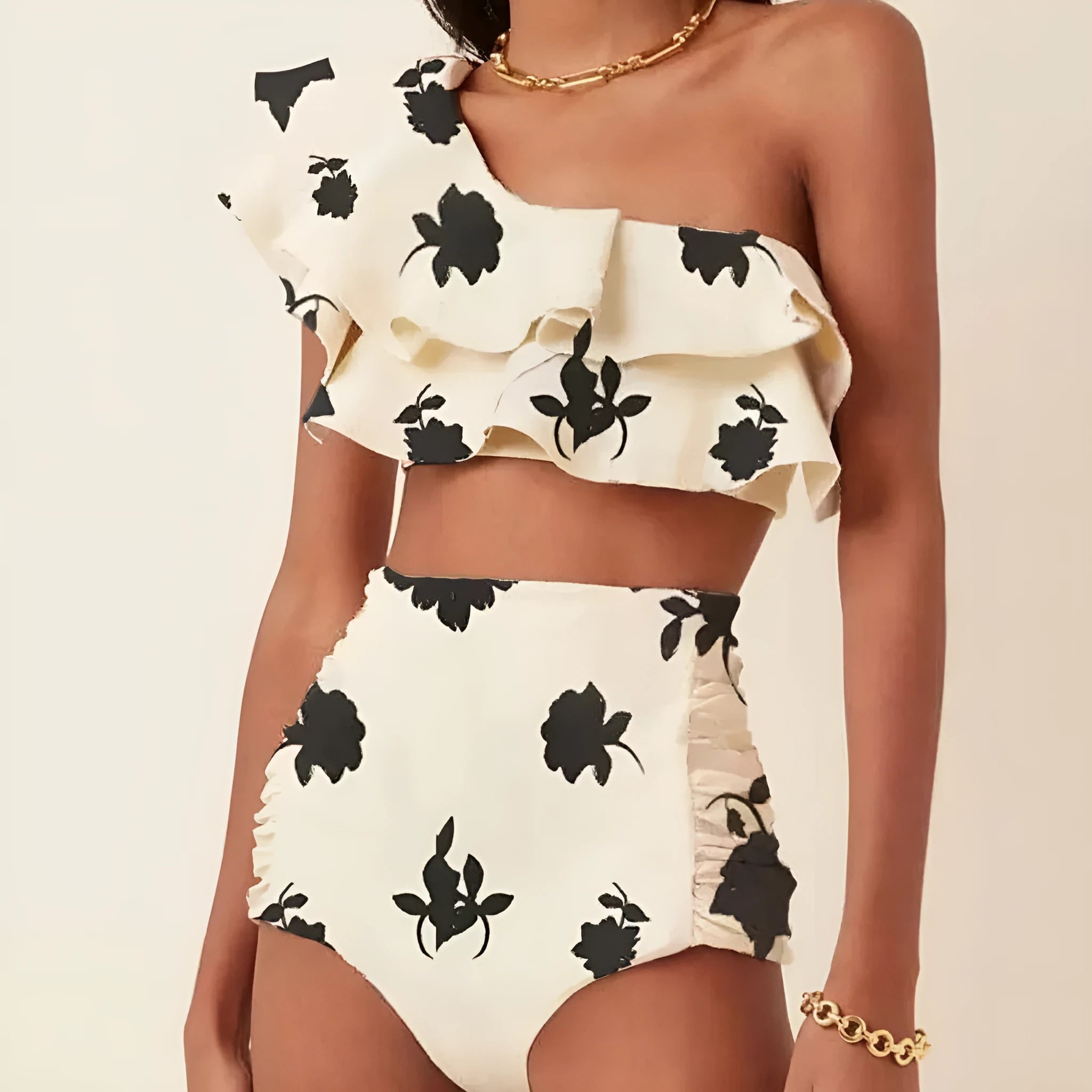 Women's printed oblique shoulder ruffles high waist bikini suit in polyester fabric