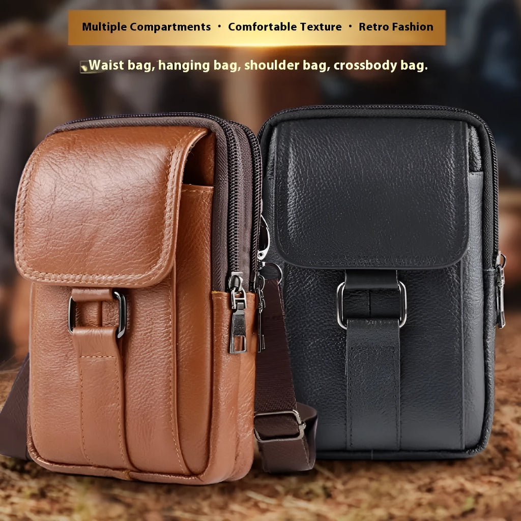 Men's black genuine leather waist crossbody bag with vertical square design and internal coin pocket